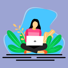 Fototapeta na wymiar Woman sitting with a laptop. Flat design stock vector