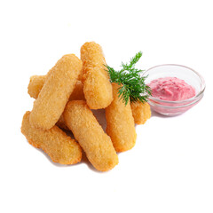Breaded cheese sticks. With herbs and pink sauce. Close-up. Isolate. White background