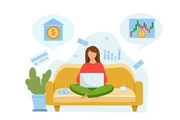 The girl sits on the couch and thinks about where to invest the money. Invest money in a bank or in cryptocurrency Vector flat illustration
