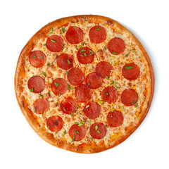 Peproni pizza with mozzarella cheese, pepperoni sausages and green onions. View from above. White background. Isolated.