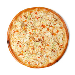 Italian pizza Caesar. With chicken breast, oh tomatoes, lettuce, mozzarella and parmesan, Caesar dressing. View from above. White background. Isolated.