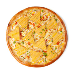 Pizza with nachos corn chips and cheese sauce. View from above. White background. Isolated.