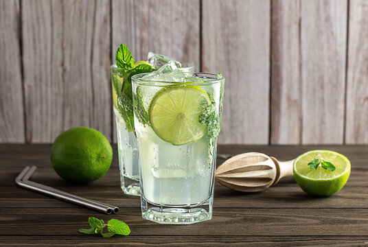 Fresh lime and mint infused water, cocktail, detox drink, lemonade. Summer refreshment concept. 