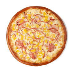 Hawaiian pizza with.ham chop, pineapple, mozzarella cheese, top view. White background. Isolated.