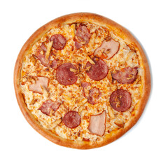 Four meat pizza. The composition includes four types of meat: carbonade, chicken, cervelat, bacon. Mozzarella cheese and tomato sauce. View from above. White background. Isolated.
