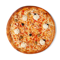 Pizza with seafood. The composition includes: tomatoes, shrimp, salmon, olives, olives and mozzarella cheese. View from above. White background. Isolated.