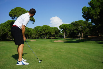 Golf club and golf ball in grass field with woodland, professional golf player.                     