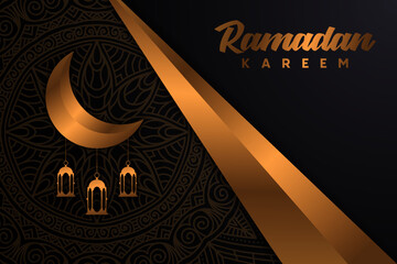 Elegant ramadan kareem decorative moon and lanterns greeting Free Vector
