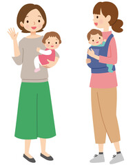 赤ちゃんを抱っこした母親　ママ友