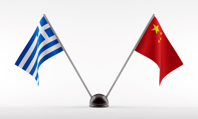 Stand with two national flags. Flags of Greece and China. Isolated on a white background. 3d rendering