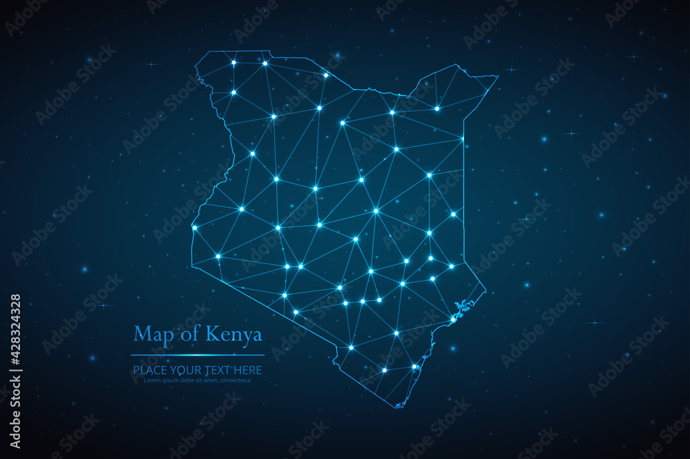 Wall mural abstract map of kenya geometric mesh polygonal network line, structure and point scales on dark back