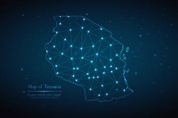 Abstract map of Tanzania geometric mesh polygonal network line, structure and point scales on dark background. Vector illustration eps 10