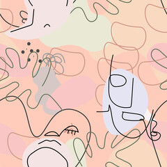 One line drawing. Abstract face seamless pattern.