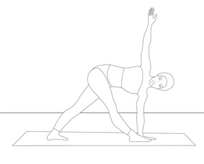 Young woman doing yoga one stroke drawing, coloring book page, asana, simple vector illustration