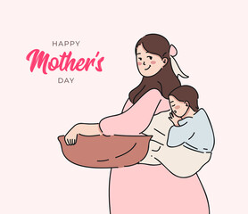 Pregnant mother holding her child. Mother's day concept hand drawn vector illustration