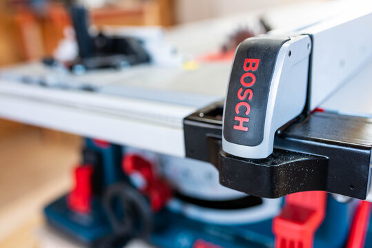 Miercurea Ciuc, Romania- 17 April 2021: Bosch Gts 10 XC Professional table saw in a small woodworking shop.
