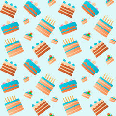 Seamless repeating pattern of colored blue cakes with candles and pieces. On a blue.