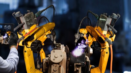 Smart industry robot arms modernization for innovative factory technology . Concept of automation...