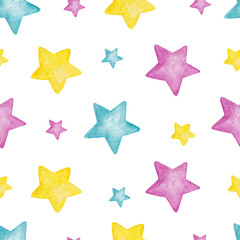 Obraz premium Seamless watercolor pattern for decorating baby products. Multicolored stars on a white background for cards, gift wrapping, textiles, children's rooms.