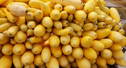 Straightneck Summer Squash (Cucurbita pepo) stacked on a traditional vegetable market display showing the ends.