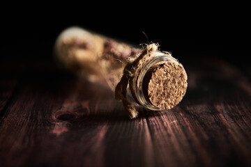 Dark background, dried plants in glass bottles. Handmade interior accessories