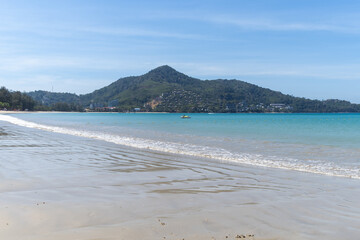 Sea and mountain view from the beach. Nature. Summer vacation.