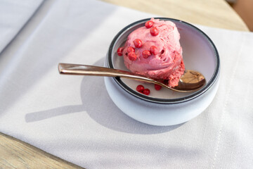 Scoop of Strawberry ice cream or gelato in bowl with pink chocolate chips and spoon. Dessert.