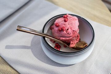Scoop of Strawberry ice cream or gelato in bowl with pink chocolate chips and spoon. Dessert.