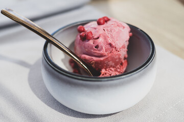 Scoop of Strawberry ice cream or gelato in bowl with pink chocolate chips and spoon. Dessert.