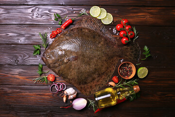 Halibut fish on wood background with spices and vegetables