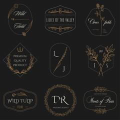 Floral border and logo design templates. Hand drawn elegant emblems with leaves, flowers and letters. Vector logo design template and monogram concept in trendy linear style