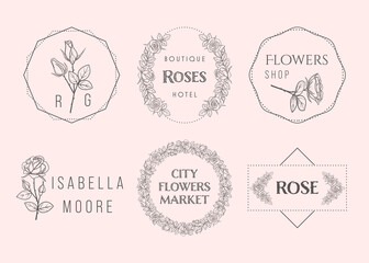 Luxury flower rose logos set in trendy linear style. Hand drawn modern minimalistic and floral templates for invitation cards, feminine logos, website design or brand identity