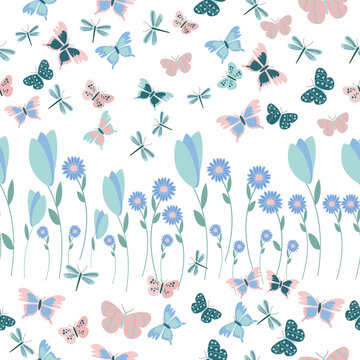 Hand drawn floral pattern. Surface with meadow flowers, herbs and dragonfly, butterfly Vector seamless background.