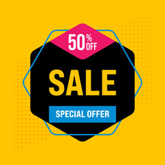 Sale banner modern template design on yellow background. Discount abstract promotion layout poster. Vector illustration