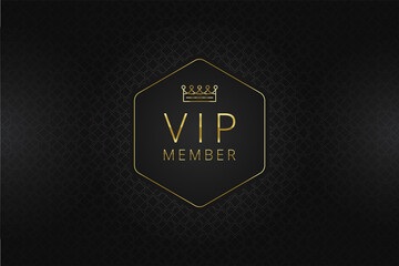 VIP banner design template. Hexahedral badge with golden frame and crown on a black pattern background. Luxury premium design. Vector illustration
