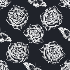 Seamless pattern with hand drawn chalk red lacewing, roses