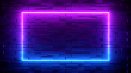 Neon sign on a brick wall. Glowing purple rectangle. Abstract background, spectrum vibrant colors. 3d render illustration.
