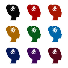 Human head silhouette with coronavirus icon isolated on white background color set