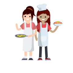 Woman in white apron holding frying pan with pancakes. Girl preparing delicious Breakfast. Housewife at work. Cute smiling wife in kitchen. Cartoon flat illustration. Family couple.