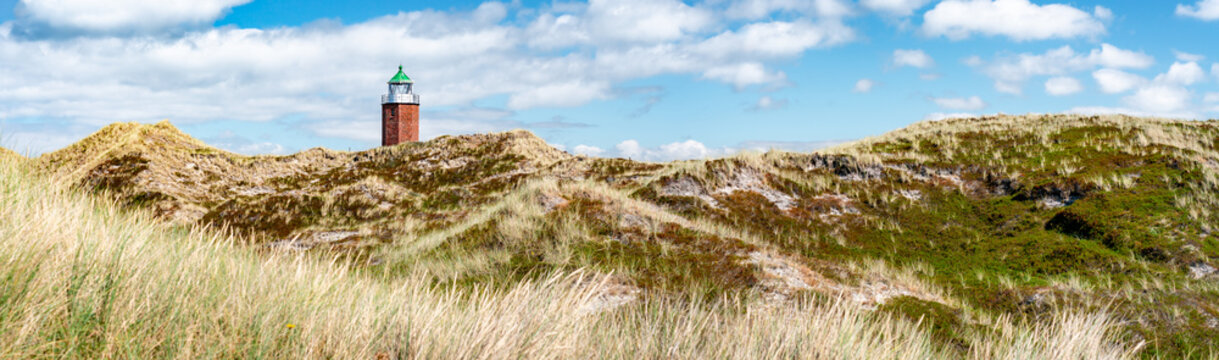 Dune panorama with Lighthouse Quermarkenfeuer Rotes Kliff, Sylt, Schleswig-Holstein, Germany