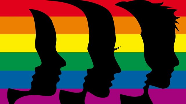 Animated people with rainbow. Peace or gay pride parade concept