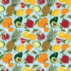 Seamless pattern with mix of tropical fruits and flowers Pineapples, Pomegranates, Lemons, orange Tangerines. Cute vector pastel background. Bright illustration of summer fruits.For fabric, decoration