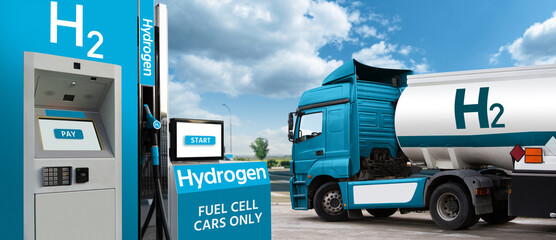 Truck with hydrogen fuel tank trailer and H2 filling station. Concept