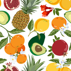Mandarin Pineapple Pomegranate Avocado Lemons floral pattern, vector seamless fruit background, citrus fruits, flowers, leaves, branches texture. Tropical design for print, textile, background, paper