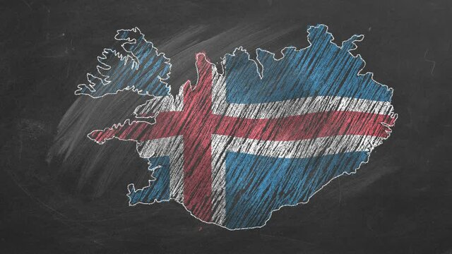 Country map and flag of Iceland drawing with chalk on a blackboard. 4K hand drawn animation. One of a large series of maps and flags of different countries. Education, travel, study abroad concept.