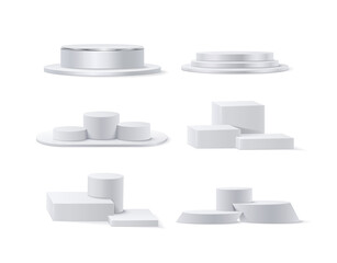 White Podium Colltection for Product Display, Winner. Abstract, Circular, Circle, Box, Block, SIlver, Shining. 3d Vector Podium