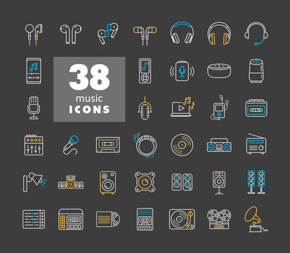 Multimedia devices and symbols icons set on dark background