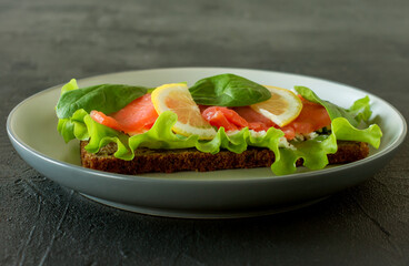 Sandwich with smoked salmon soft cheese, lattice and lemon. Concept for a tasty and healthy meal. Food on a plate.