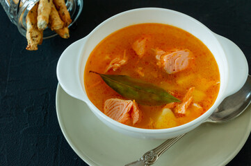 homemade soup with salmon with bread sticks on back concrete background