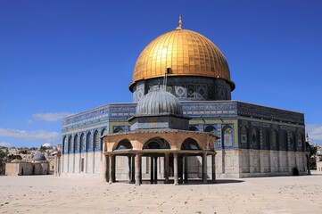Mosque of Al-aqsa (Dome of the Rock) in Old Town. There are many historical buildings in the courtyard of Masjid Aksa Mosque. Jerusalem.